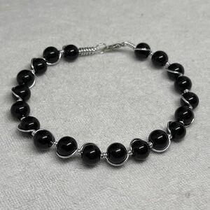 Black Bead Bracelet with Silver Wire